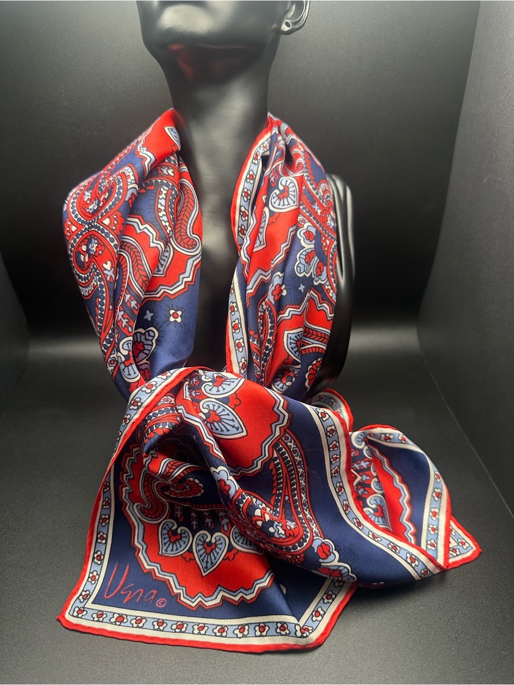 Vintage Vera Neumann Silk Scarf — Paisley Medallion, Navy & Red